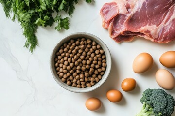Bowl of dog food with meat, eggs, and greens. Perfect for pet food, healthy eating, or animal nutrition content.