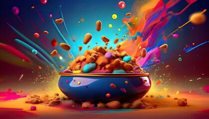 Vibrant pet food bursts into a cartoon dog bowl with colorful swirls and playful splashes of color. Generative AI