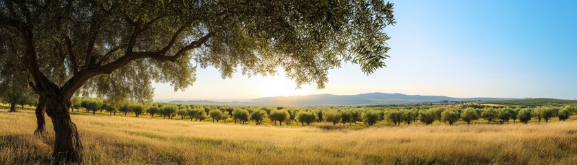Obraz premium A solitary tree's majesty, serene landscape of lush field against breathtaking mountain vista