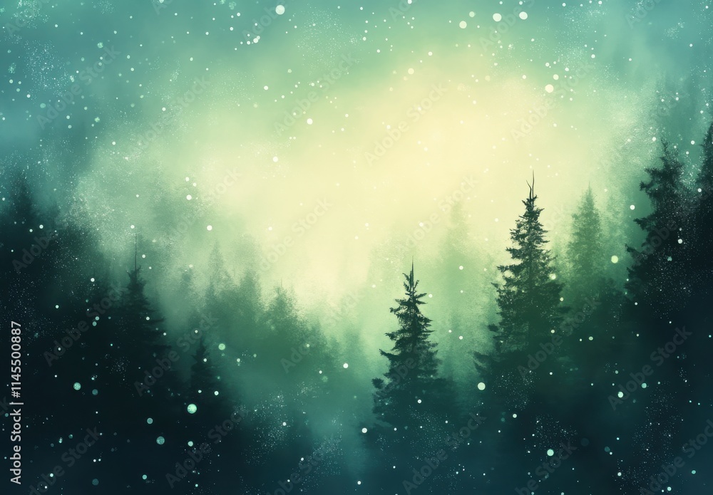 Poster enchanted forest with misty background and snowfall, a serene atmosphere with hazy green tones and p