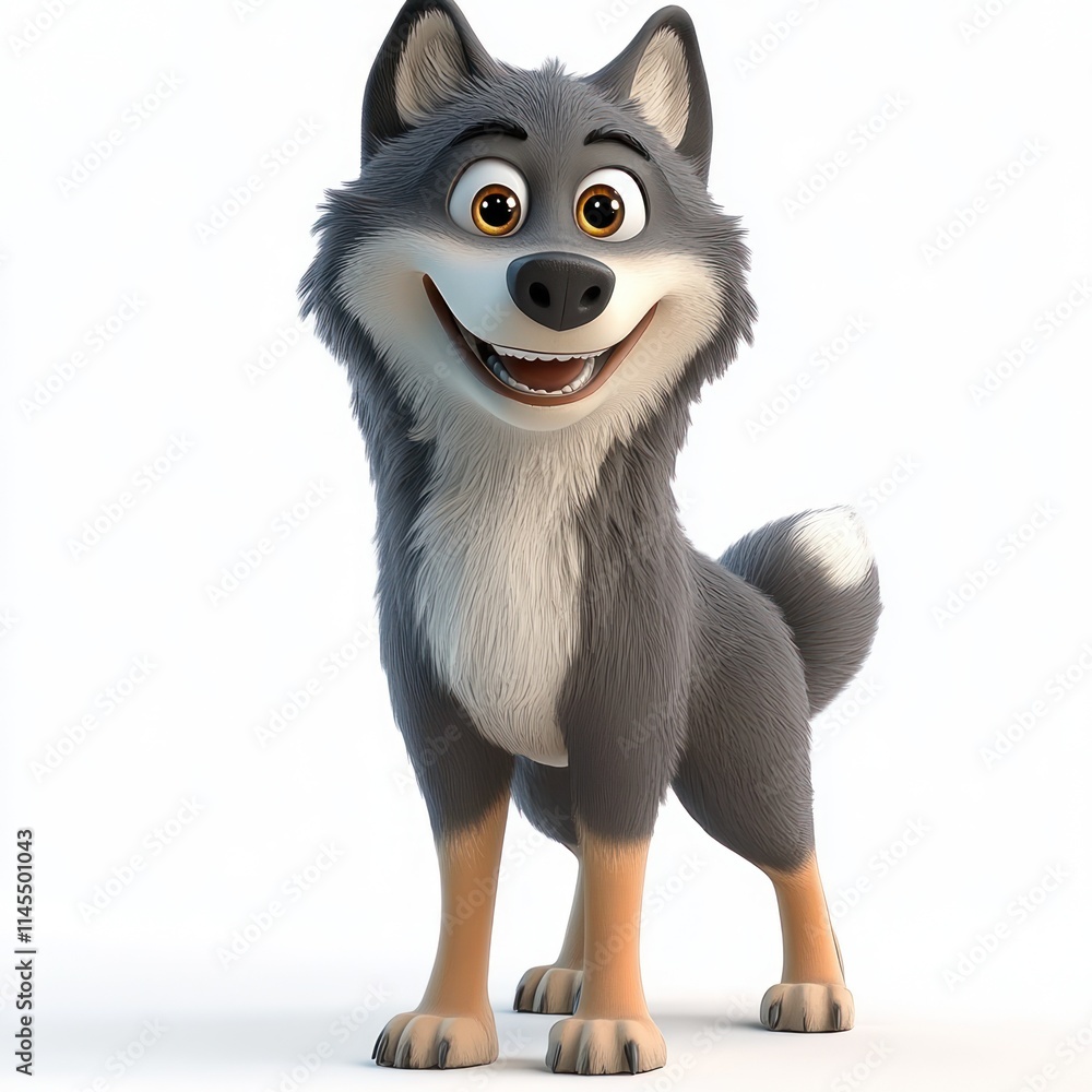 Poster a cheerful cartoon wolf character with a friendly expression and animated features.