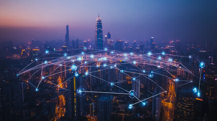 Fototapeta premium Smart digital Innovation city with connection network reciprocity over the cityscape. of future smart wireless city and social media networking systems that connects business people with in city