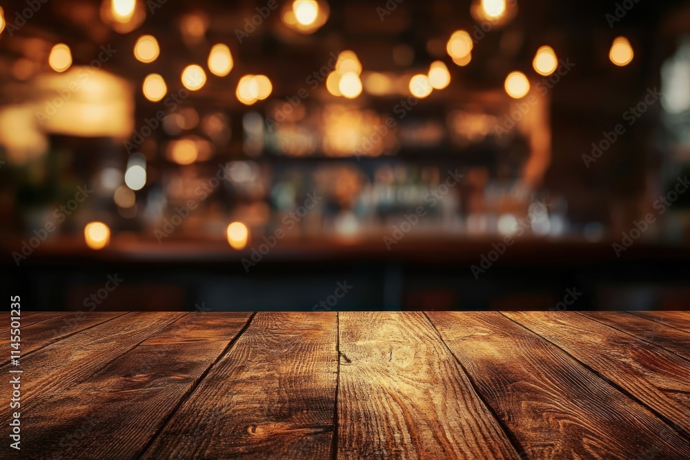 Aufkleber a wooden table in a dimly lit bar setting with soft glowing lights in the background.