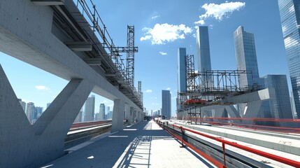 Naklejka premium A modern construction site with scaffolding and urban skyline in the background.