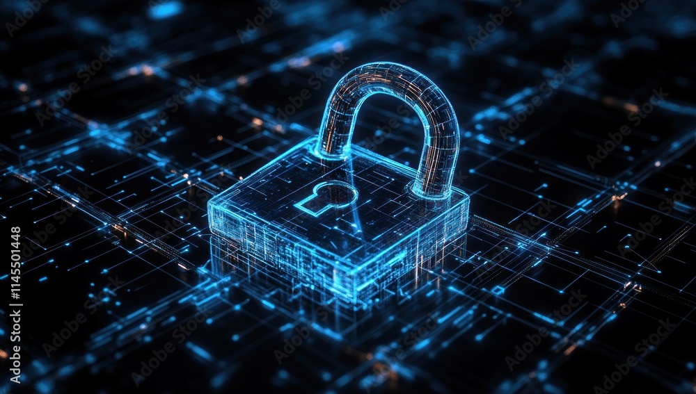 Aufkleber a digital lock symbolizing cybersecurity and data protection in a futuristic setting.