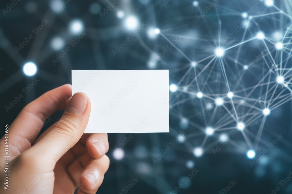 Poster a hand holds a blank card against a backdrop of interconnected nodes and lights.