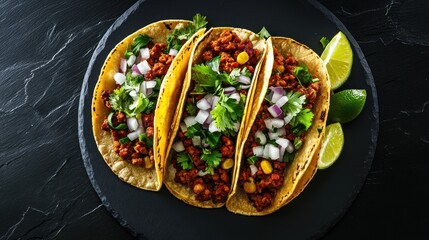 Three tacos filled with meat, topped with vegetables and lime wedges on a slate plate.