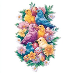Pastel Birds Nestled Amongst Spring Flowers and Easter Eggs