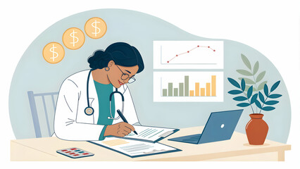 Medical Financial Planner Budget Analysis Bokeh Digital Art Background Concept