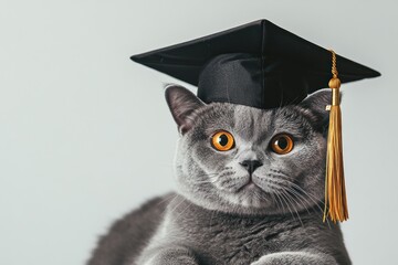 A gray cat wearing a graduation cap with a tassel, symbolizing achievement and celebration.