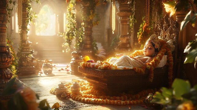 Divine Child Reclining In Ornate Bed Golden Setting