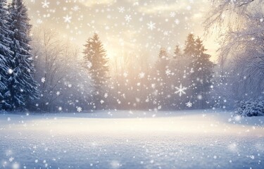 A serene winter landscape with falling snowflakes and trees in the background.