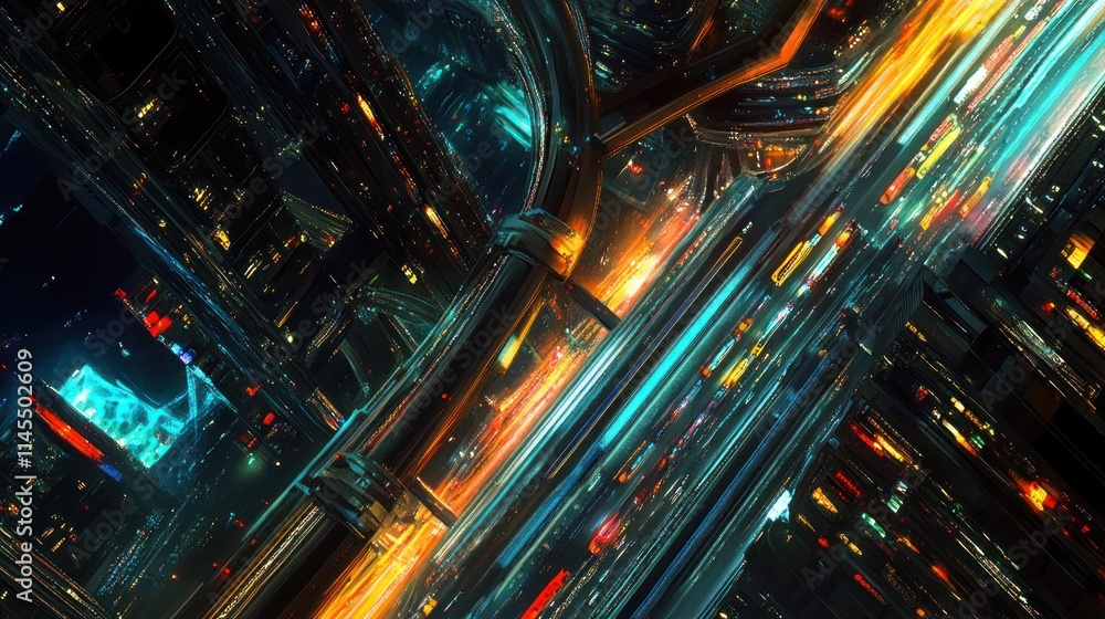 Poster a vibrant, futuristic cityscape with dynamic light trails and intricate structures.
