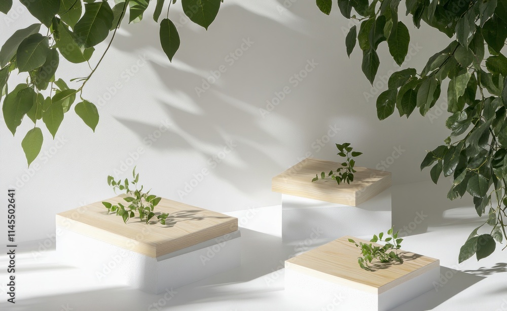 Poster minimalist display of small plants on geometric platforms with greenery in the background.