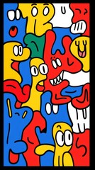 Colorful Abstract Cartoon Art with Expressive Faces and Vibrant Patterns