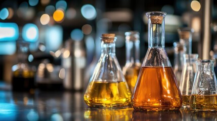 Colorful Chemistry: Laboratory Glassware with Liquid Solutions in a Scientific Setting