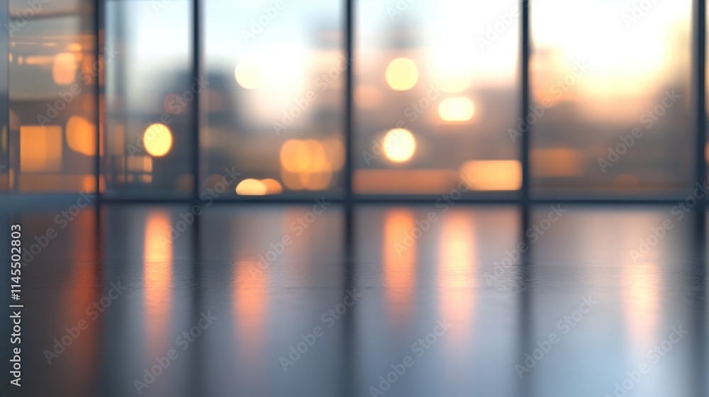 Poster a blurred interior view with soft lighting and reflections on a smooth surface.