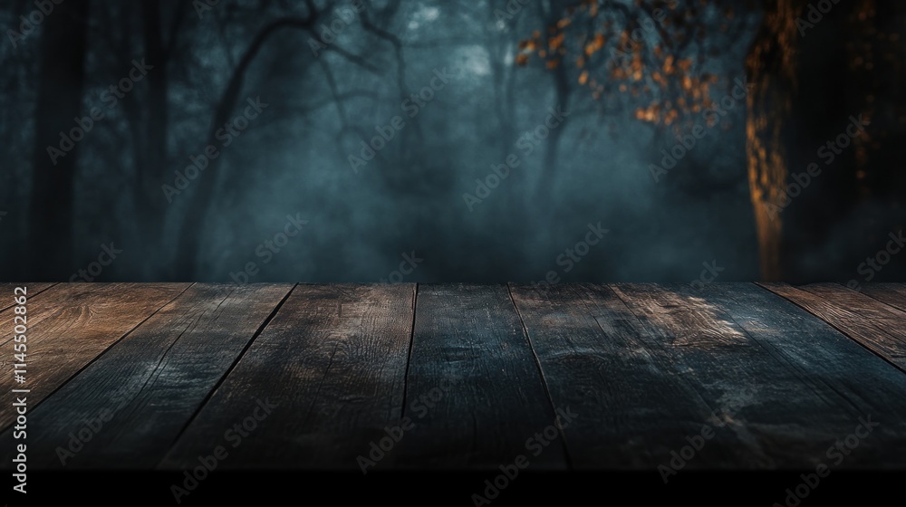 Poster a misty forest background with a wooden surface, creating an atmospheric setting.