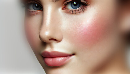 Close-up of a human cheek with smooth skin texture, natural blush tones, and subtle highlights under soft lighting for skincare and anatomy visuals.