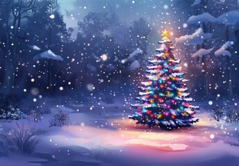 Festive Winter Scene Featuring a Colorful Christmas Tree Illuminated by Bright Lights Amidst a Snowy Forest in a Magical Atmosphere