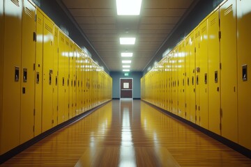 A long corridor lined with bright yellow lockers under overhead lights.