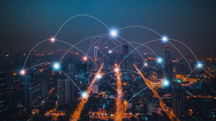 Smart digital Innovation city with connection network reciprocity over the cityscape. of future smart wireless city and social media networking systems that connects business people with in city