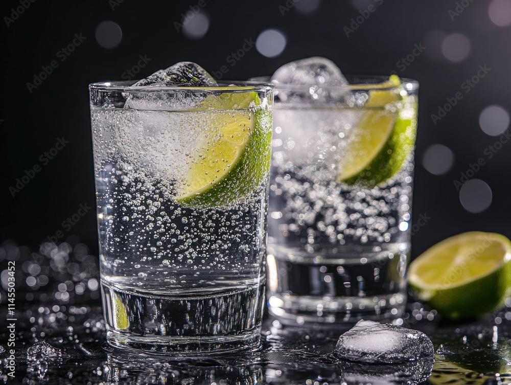 Poster two glasses of sparkling water with lime slices and ice, creating a refreshing drink.