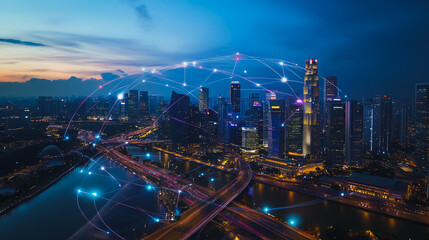 Fototapeta premium Smart digital Innovation city with connection network reciprocity over the cityscape. of future smart wireless city and social media networking systems that connects business people with in city