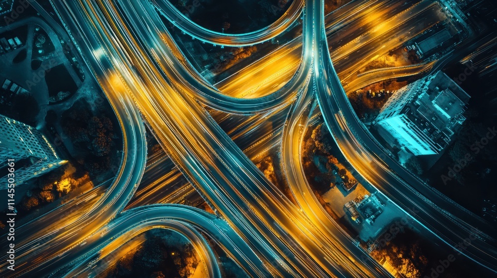 Poster aerial view of a complex highway interchange illuminated at night.