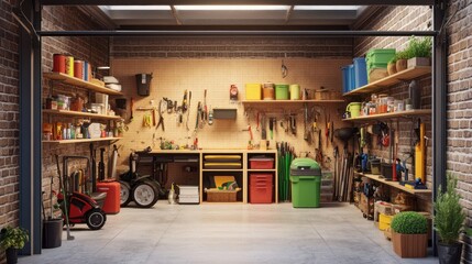 Fototapeta premium Organized garage workspace with tools, plants, and storage.