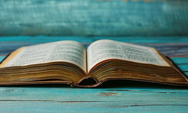 Open old book on blue wooden surface