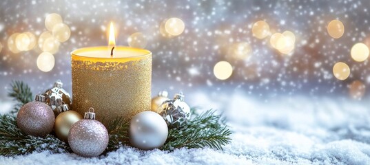 A festive candle surrounded by ornaments on a snowy surface, evoking holiday warmth.