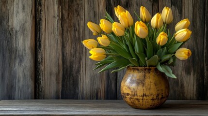 A bouquet of vibrant yellow tulips in a rustic ceramic vase on a weathered wooden table, side view shot, Rustic style