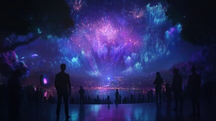 A vibrant fireworks display illuminates a night sky, with silhouettes of people enjoying the view.
