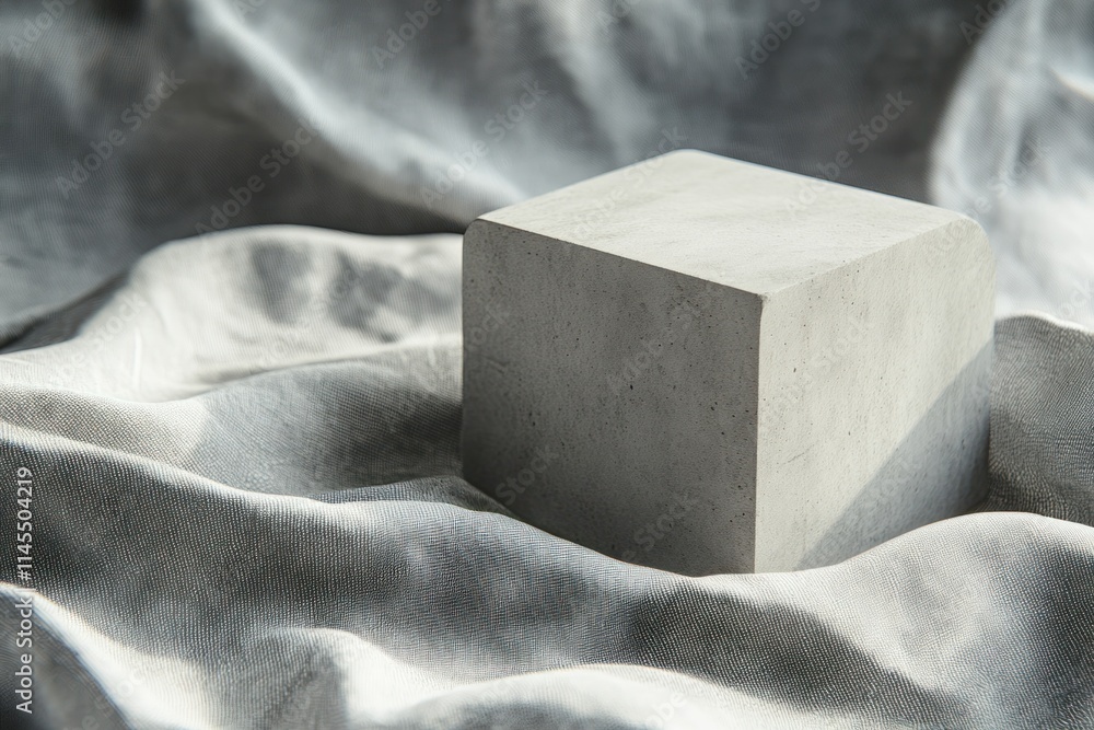 Aufkleber a minimalist concrete block rests on a textured fabric background, emphasizing simplicity.