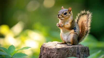 A squirrel holds a nut while perched on a tree stump, surrounded by greenery.