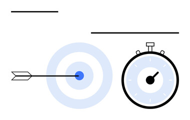 Arrow hitting the center of a target stopwatch with minute hand, three horizontal lines. Ideal for goals, priorities, timing, accuracy, project deadlines, success. Line metaphor