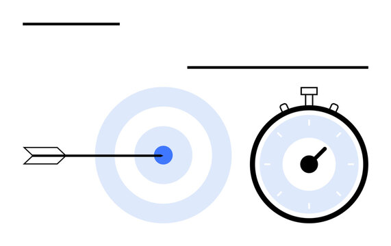 Arrow hitting the center of a target stopwatch with minute hand, three horizontal lines. Ideal for goals, priorities, timing, accuracy, project deadlines, success. Line metaphor