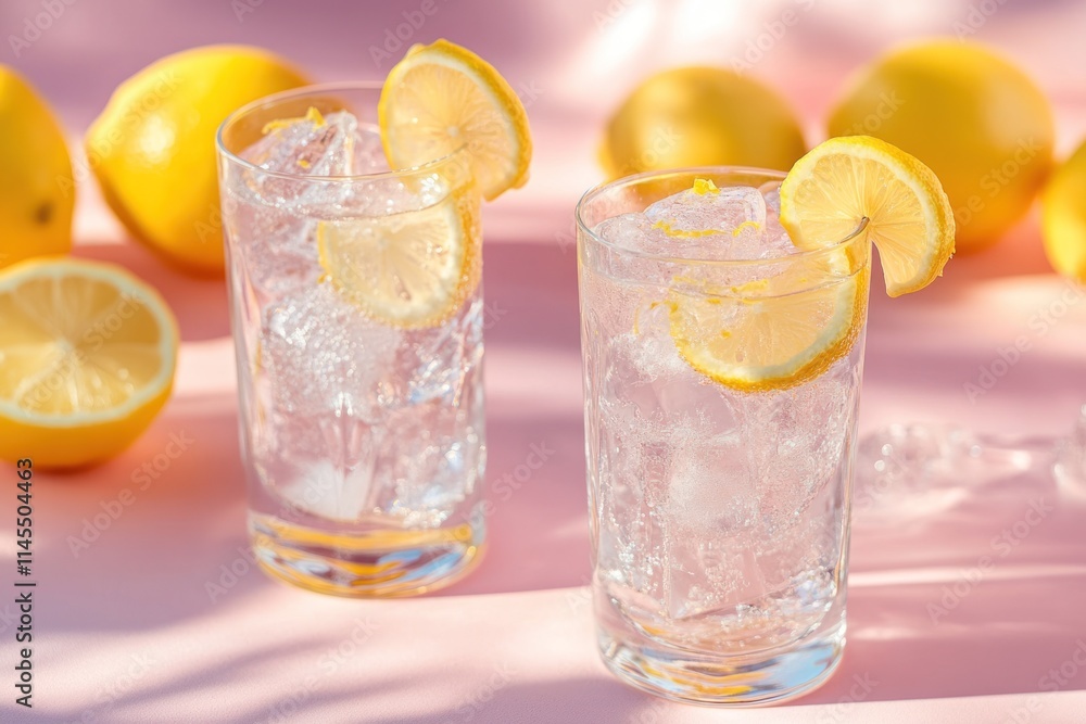 Poster refreshing lemonade drinks with ice and lemon slices on a pink background.