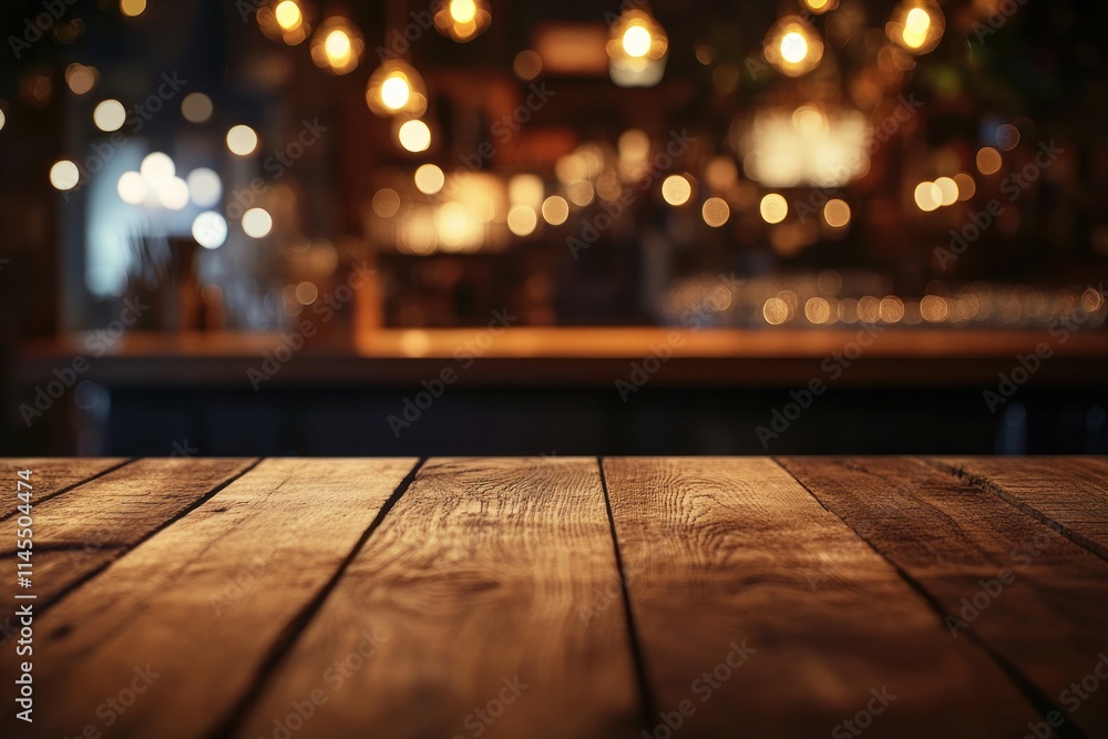 Poster a rustic wooden table in a dimly lit bar setting with warm ambient lighting.