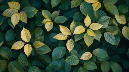 A close-up view of vibrant green leaves illuminated by soft morning sunlight as it filters through the dense trees, casting intricate shadows on the ground 