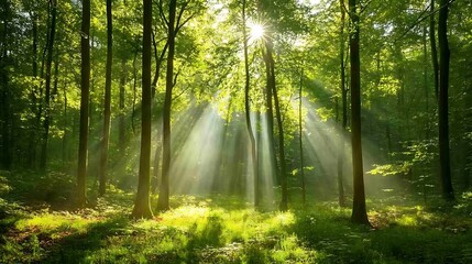 A tranquil forest bathed in the soft glow of morning light, with sunbeams filtering through the green leaves and illuminating the earthy textures of the forest floor 