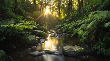 A tranquil forest scene at dawn, where sunlight streaks through the gaps in the green foliage, creating a natural spotlight on the forest floor 