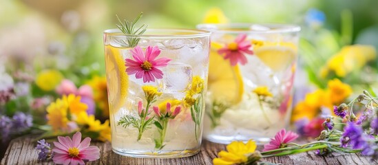 Refreshing floral drinks with ice and vibrant flowers, set in a natural environment.