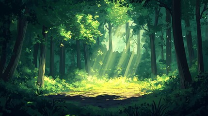 A tranquil forest scene at dawn, where sunlight streaks through the gaps in the green foliage, creating a natural spotlight on the forest floor 