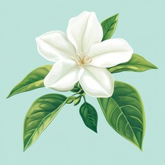 Obraz premium A detailed illustration of a white flower with green leaves on a light background.