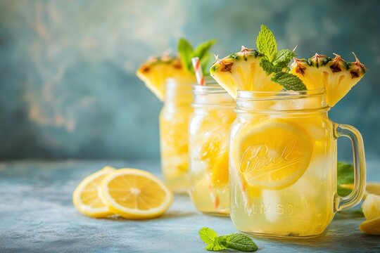 Refreshing lemonade drinks garnished with pineapple and mint in mason jars.
