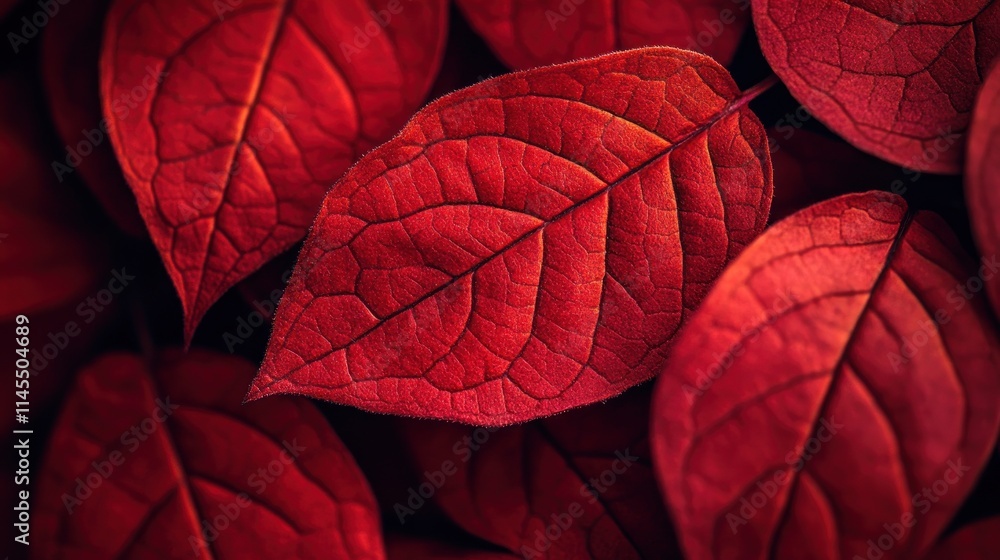 Poster a close-up of vibrant red leaves showcasing intricate textures and patterns.