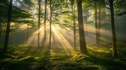 The first light of day filters through the thick green leaves of the forest, illuminating the rich textures and shadows on the forest floor beneath 