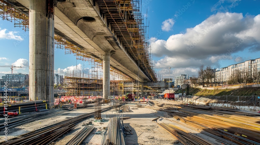 Poster construction site with scaffolding under a bridge, showcasing ongoing infrastructure development.